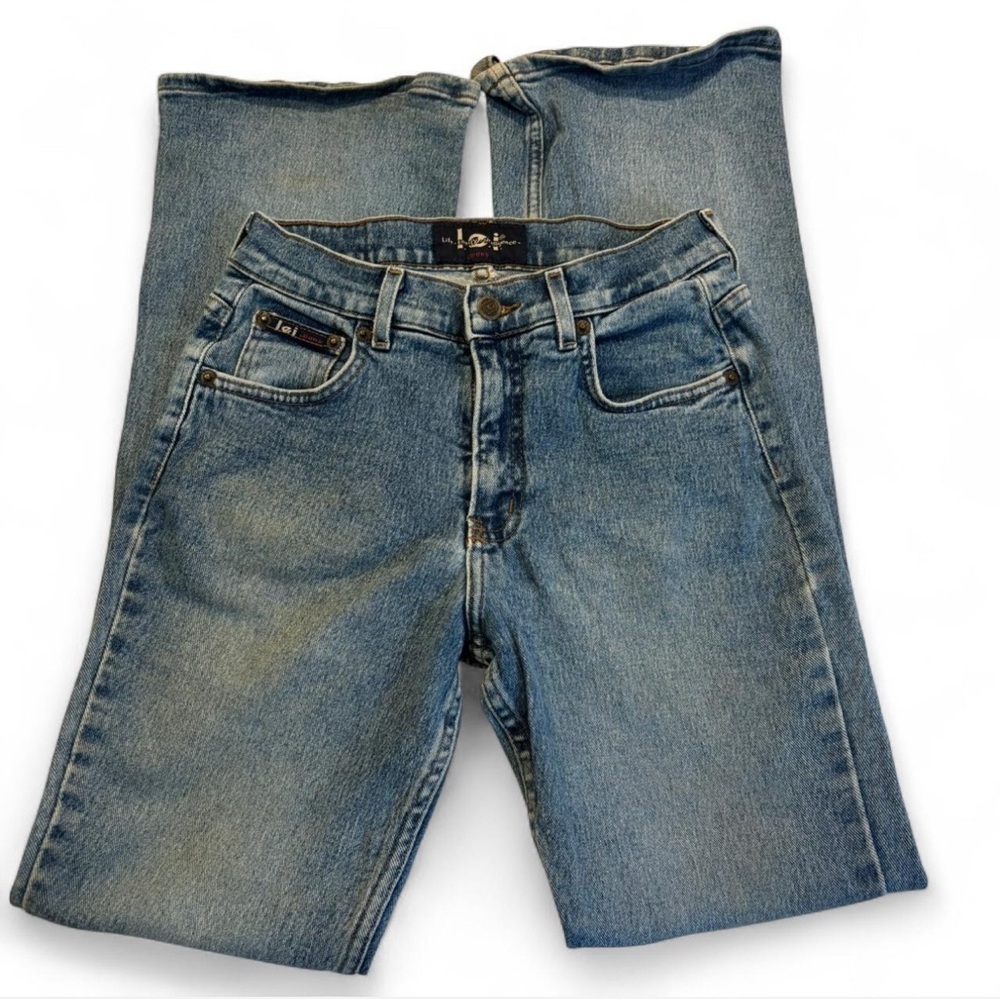VTG y2k LEI Jeans Sz 7 Bootcut Light Wash Butterfly Patch Low Rise Distressed - Picture 3 of 8